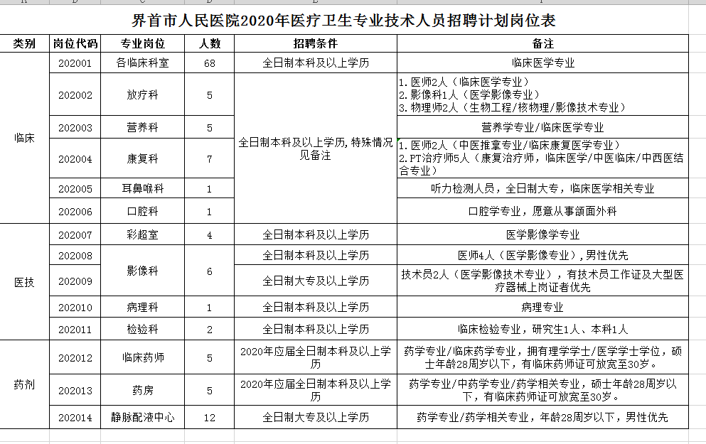 2020年阜陽界首市人民醫院醫療衛生專業技術人員招聘計劃崗位表