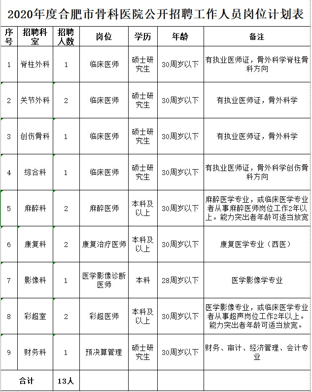 合肥市骨科醫院公開招聘工作人員崗位計劃表