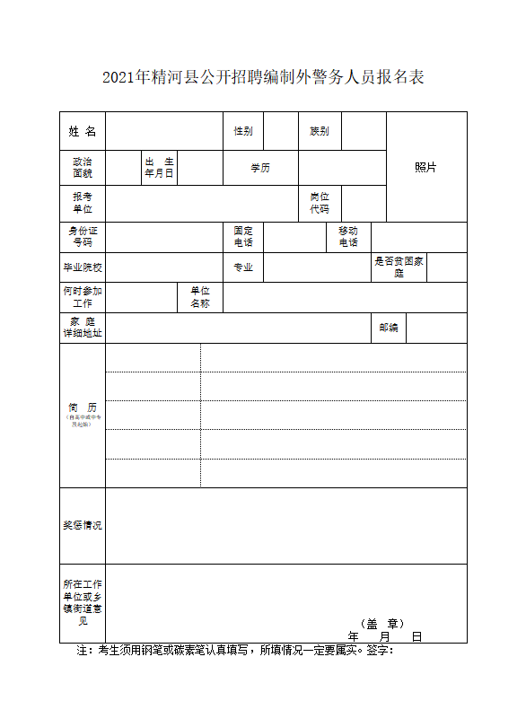 精河縣輔警招聘報名表